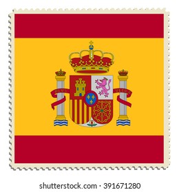 Vector illustration flag of Spain on postage stamp.  Spanish flag on post stamp 