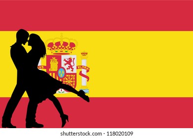 Vector illustration of the flag of Spain silhouette of a couple in love