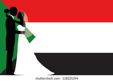 Vector illustration of the flag of Sudan with a bride and groom coloured silhouette