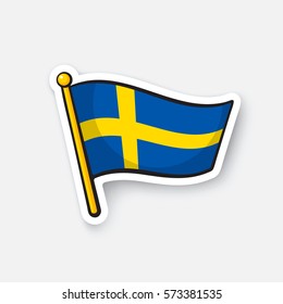 Vector illustration. Flag of Sweden on flagstaff. Location symbol for travelers. Cartoon sticker with contour. Decoration for greeting cards, posters, patches, prints for clothes, emblems