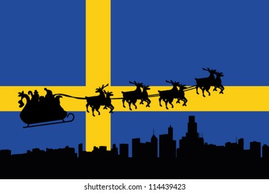 Vector Illustration of the flag of Sweden with santa flying his sliegh over a city