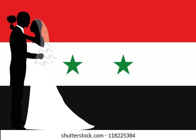 Vector illustration of the flag of Syria with a bride and groom coloured silhouette
