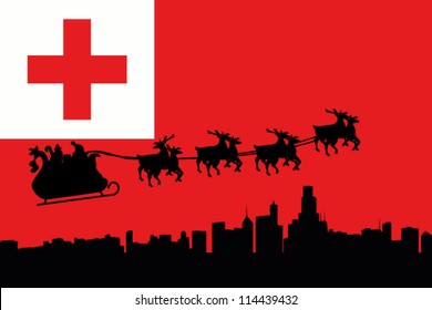 Vector Illustration of the flag of Tonga with santa flying his sliegh over a city