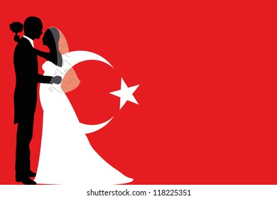 Vector illustration of the flag of Turkey with a bride and groom coloured silhouette