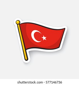 Vector illustration. Flag of Turkey on flagstaff. Location symbol for travelers. Cartoon sticker with contour. Decoration for greeting cards, posters, patches, prints for clothes, emblems