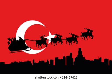 Vector Illustration of the flag of Turkey with santa flying his sliegh over a city