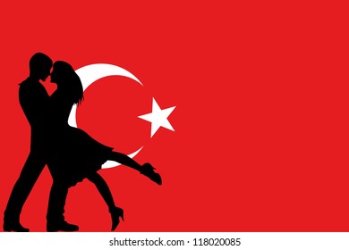Vector illustration of the flag of Turkey silhouette of a couple in love
