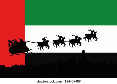 Vector Illustration of the flag of United Arab Emirates with santa flying his sliegh over a city