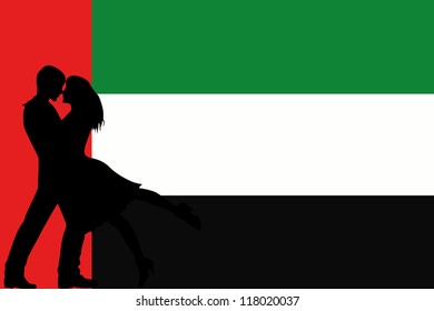 Vector illustration of the flag of the United Arab Emirates silhouette of a couple in love