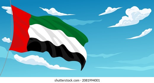 Vector illustration, flag of the United Arab Emirates on a blue sky and white clouds as a template and banner for the UAE Independence Day Celebration.