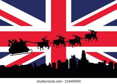 Vector Illustration of the flag of United Kingdom with santa flying his sliegh over a city