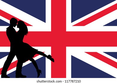 Vector illustration of the flag of the United Kingdom silhouette of a couple in love