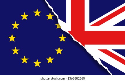 Vector illustration of Flag of the United Kingdom and Euro flag symbols. The concept of trade war and relationships. The Brexit or British exit. 