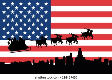 Vector Illustration of the flag of United States of America with santa flying his sliegh over a city