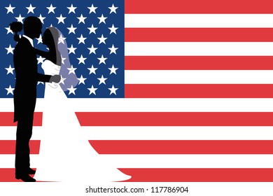 Vector illustration of the flag of the United States of America with a bride and groom coloured silhouette
