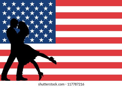 Vector illustration of the flag of the United States of America silhouette of a couple in love