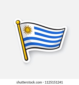 Vector illustration. Flag of Uruguay on flagstaff. Location symbol for travelers. Sticker with contour. Decoration for greeting cards, patches, prints for clothes. Isolated on white background