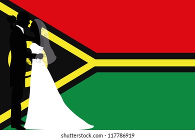 Vector illustration of the flag of Vanuatu with a bride and groom coloured silhouette