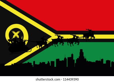 Vector Illustration of the flag of Vanuatu with santa flying his sliegh over a city