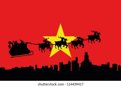 Vector Illustration of the flag of Vietnam with santa flying his sliegh over a city