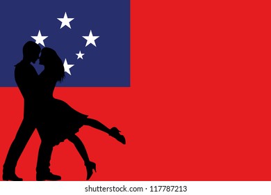 Vector illustration of the flag of Western Samoa silhouette of a couple in love