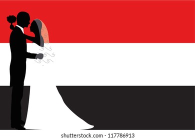 Vector illustration of the flag of Yemen with a bride and groom coloured silhouette