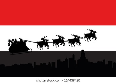 Vector Illustration of the flag of Yemen with santa flying his sliegh over a city