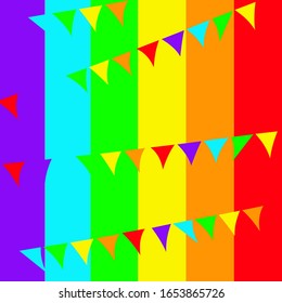 Vector illustration of flags buntings and striped background concept of lgbt lesbian, gay, bisexual, and transgender rainbow colour scheme 