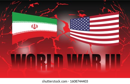 The vector illustration of the flags of Iran and America are above The Third World War text. The background is the ground heat of the world that is like lava.