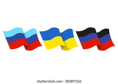 Vector illustration of the flags of self-proclaimed Luhansk People's Republic and Donetsk People's Republic and also the state flag of Ukraine on white background.