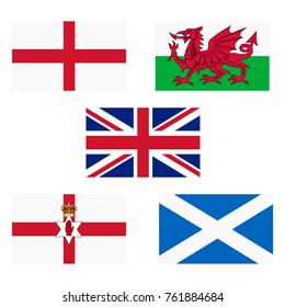 Vector illustration flags of UK, England, Scotland, Wales and Northern Ireland.