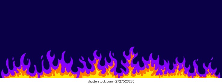 Ilustración vectorial de borde de llama sobre fondo oscuro. Diseño de estilo plano de marco de fuego de color púrpura y amarillo. Llama ardiente del fuego para el Web, Anuncio, cartel, red