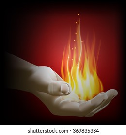 Vector illustration of a flame in hand, isolated object on a dark background, can be used with a black background.