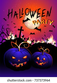 Vector illustration with flame, pumpkins head and text Halloween Party on the background of the night sky, full moon, bats and cemetery. Hand drawn lettering.