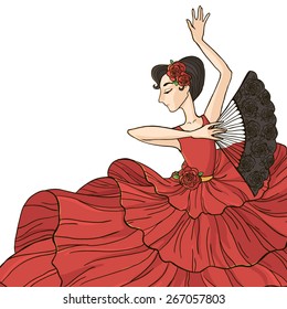 Vector illustration. Flamenco dancer in a red dress.