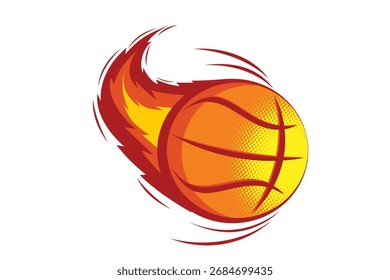 Ilustração vetorial de uma bola de basquete em chamas com gradiente de meio-tom, simbolizando velocidade, movimento, potência e energia no esporte.