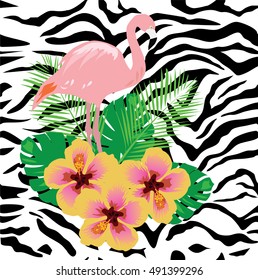 vector illustration of flaming, tropical flowers, palm leaves zebra pattern background