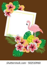 vector illustration of flamingo background with flowers, palm leaves, pineapple, frame