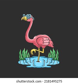vector illustration. flamingo bird in glasses relaxing in the water with green wild plants. fantasy design concept to print on t-shirts, stickers and hoodies