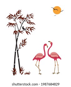 Vector illustration of Flamingo Birds near a Bamboo Tree. Sunset