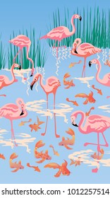 Vector illustration with flamingo birds on a lake,surrounded by koi fish and long grass