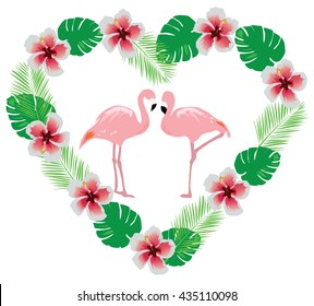vector illustration of flamingo couple with tropical flowers in heart shape