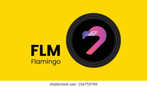 Vector illustration of Flamingo, FLM crypto currency logo on yellow background with copy space. Flamingo, FLM cryptocurrency token logo or symbol banner.