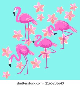 vector illustration of flamingo and flower in cute cartoon style
