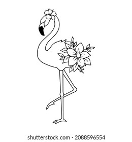 Vector illustration of flamingo isolated on white. Line silhouette of tropical bird standing on one leg. Outline floral flamingo with flowers