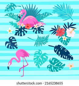 ilustración vectorial del flamingo, la hoja y la flor al estilo de las tiras cómicas