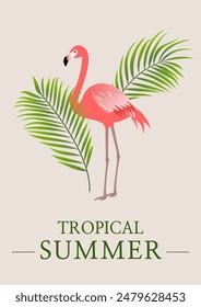 Vector illustration of a flamingo and palm leaves.
