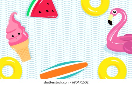 Vector Illustration Of Flamingo Pool Float, Pool Toys, Surfboard And Yellow Inflatable Ring Floating On Water.