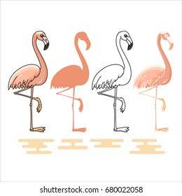 Vector illustration of Flamingo silhouettes set isolated on white background.