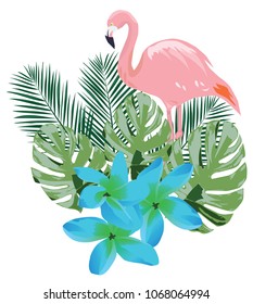 vector illustration of a flamingo with tropical flowers and leaves